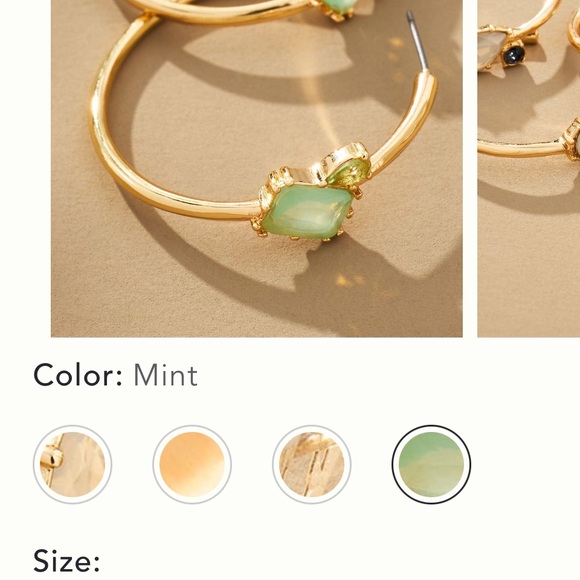 Anthropologie Mint Green Stone Gold Hoop Earrings Pale Green Stones - Picture 8 of 8